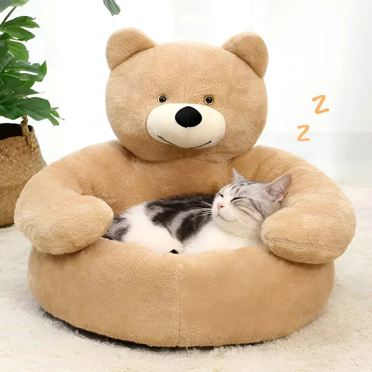 Cozy Pet Pillow with Teddy Bear Design for Cats and Small Dogs – Plush Cushion, Removable Washable Cover, Non-Slip Bottom